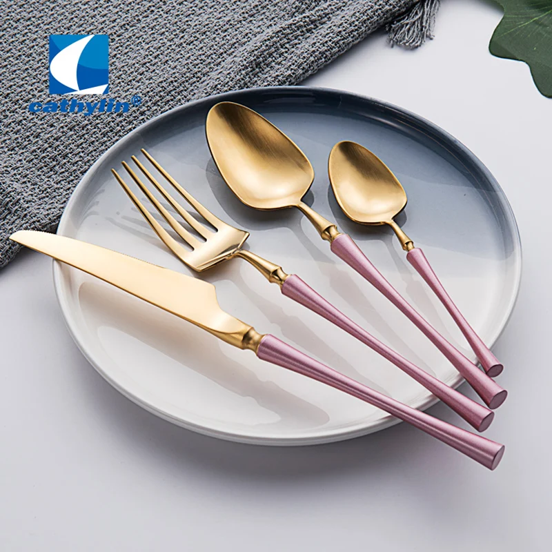 

CATHYLIN 18/10 tainless Steel Flatware Set Colorful Spoons Forks Knives Gold Plated Cutlery Dinnerware Tableware 4Pcs/Set ST0263