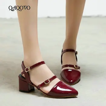 

Women Summer Shoes Fashion Pointed Toe Sandals Suqare Low Heels Ladies Shoes Adjustable Buckle Casual Shoes Black Wine Red