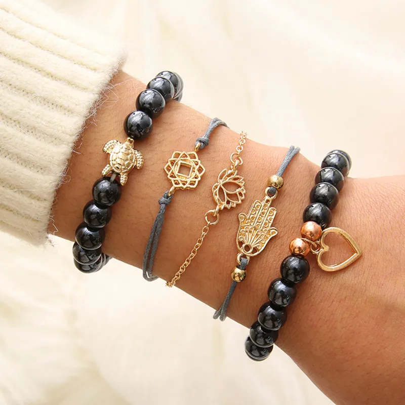 

DIEZI Bohemian Turtle Heart Lotus Black Beads Bracelets Sets For Women Fashion Chain Strand Bracelets Bangles Jewelry Gifts