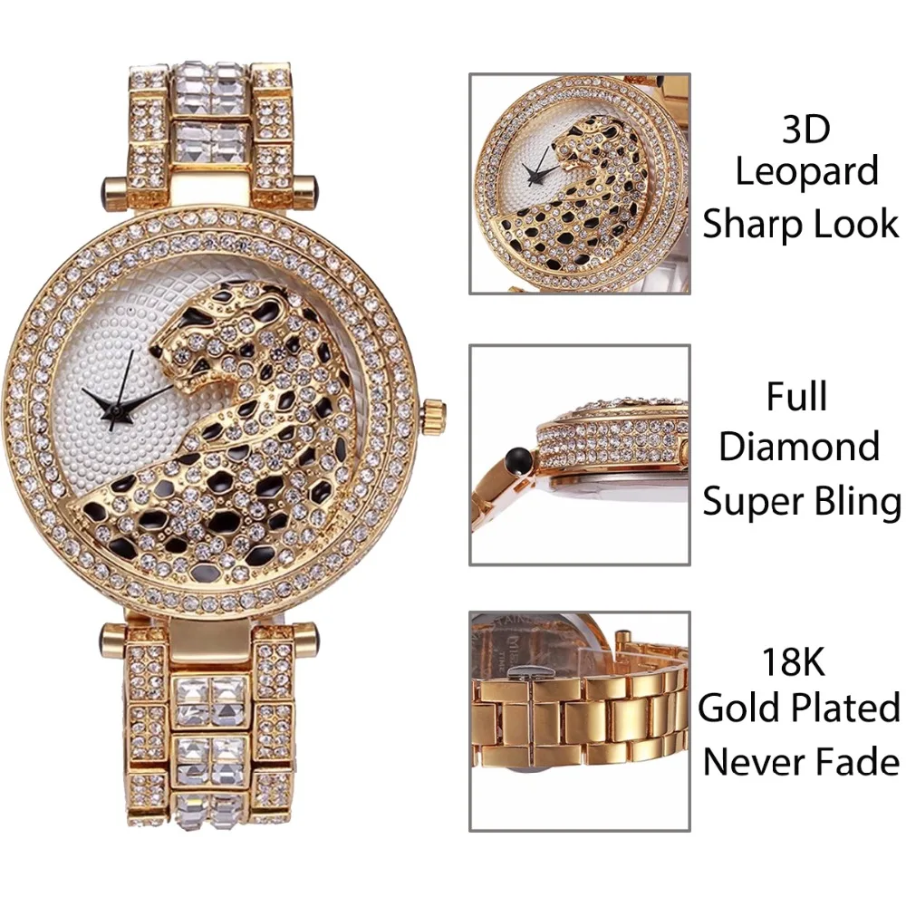 Miss Fox Women Quartz Watch Fashion Bling Casual Ladies Watch Female Quartz Gold Watch Crystal Diamond Leopard For Women Clock