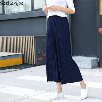 

Pants Women Plus Size High Waist Wide Leg Chiffon Solid All-match Simple Korean Style Trendy Womens Loose Casual Pleated ladies