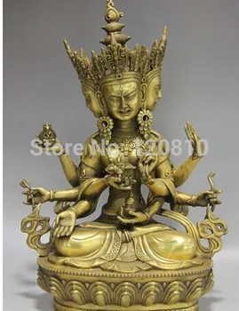 

Chinese Temple Brass 3 Head 8 Arm Ushnisha Vijaya Holiness Bulmo Guan Yin Buddha