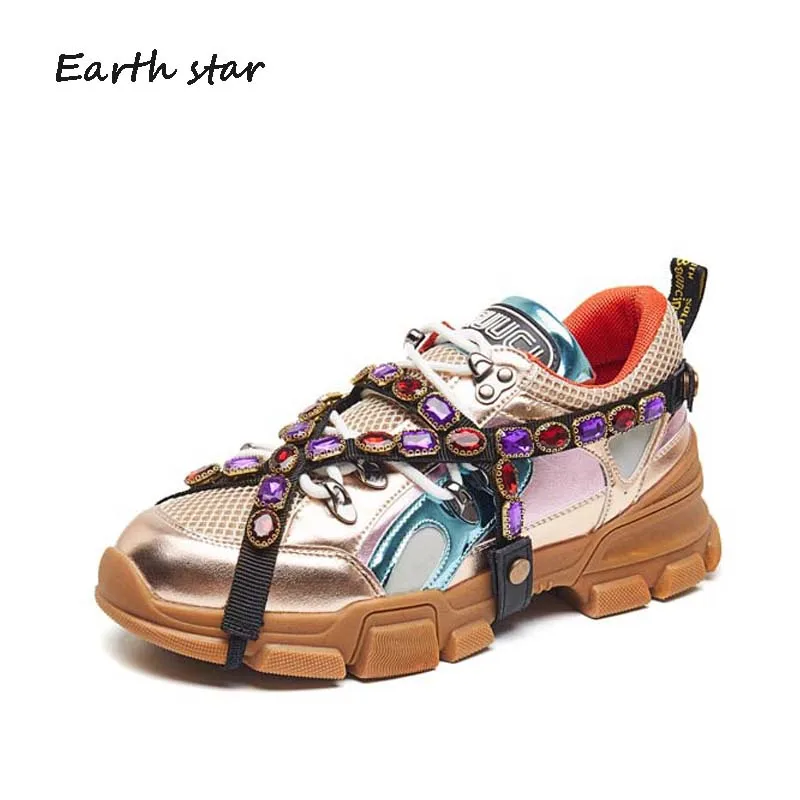 Acheter Strass Occasionnels Plate Forme Chaussures Femmes Marque De Baskets Blanches Cristal Lady Croix attaché chaussures Automne Mode Femme chaussure Souple