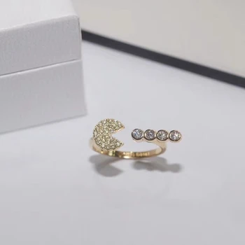 

Cute HE My Childhood Pac-Man Eating Beans Cuff Finger Ring 925 Sterling Silver Zircon Chic Women Pixel Charm Wedding Jewelry