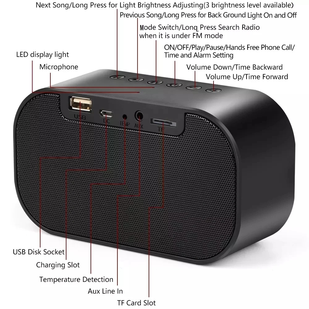 Q9 Bluetooth Speaker LED Alarm Clock With FM Radio AUX TF Portable Wireless Speaker Outdoor Music Player Mirror Surface Altavoz (6)