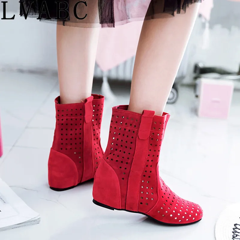 

LVABC 2018 New Women's Summer Boots Flat Low Hidden WedgesCutout Boots Ladies Dress Casual Shoes Hot sale Cute Flock A-25