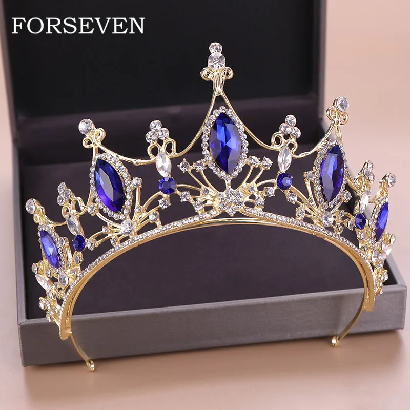 

Blue Crystal Tiaras Wedding Headwear Gold Crown For Bride Head Accessories Queen Princess Pageant Crown Crystal Tiara Headband