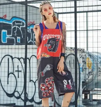 

2019 New Graffiti Hip Hop Women Playsuits Jumpsuits Overalls Tiger Head Pants For Women Rompers DJ Rock Dance Clothes