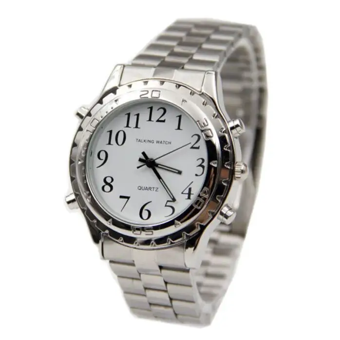 Высококачественные английские говорящие часы из нержавеющей стали для слепых или ослабленных зрителей часы для мужчин и женщин цифровые наручные часы с цифрами - Цвет: Silver