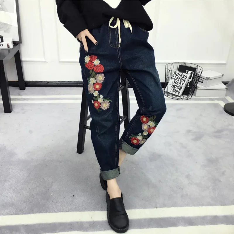 

of 2016 new women's national flower embroidery all-match Windflowers elastic waist jeans pants pants female Haren