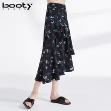 Bootyджинсовая Высококачественная женская одежда новая летняя милый цветочный принт шифоновая Асимметричная средняя удлиненная юбка юбки с оборками