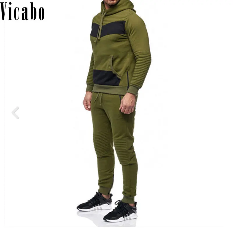 Vicabo Для мужчин комплект зимняя повседневная Цвет блока плиссированные куртка Для мужчин 2 шт. спортивный костюм спортивной толстовки