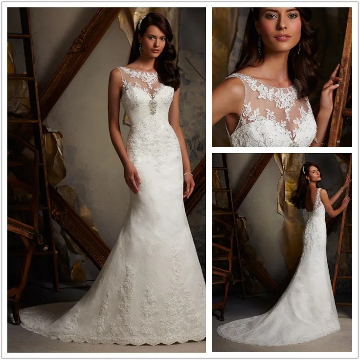 

New Design KT-245 Elegant Sheath Lace High Beaded White/Ivory Wedding Dress VESTIDO DE NOIVA
