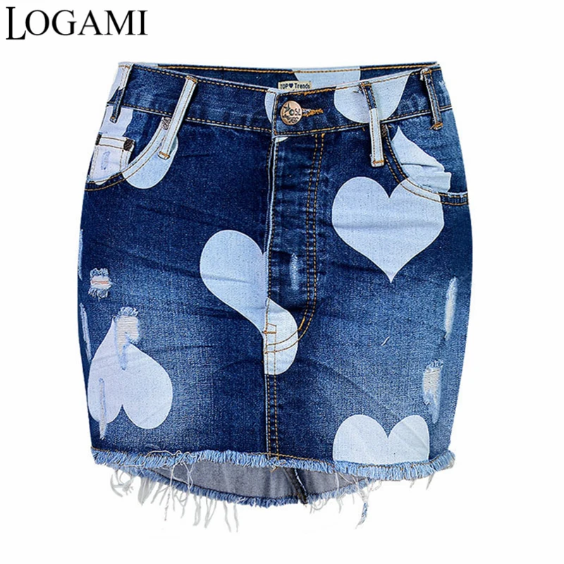 

LOGAMI High Waist Denim Skirt Mini Pencil Skirts Womens 2017 Summer Star Print Irregular Short Saia Jeans Skirt Faldas