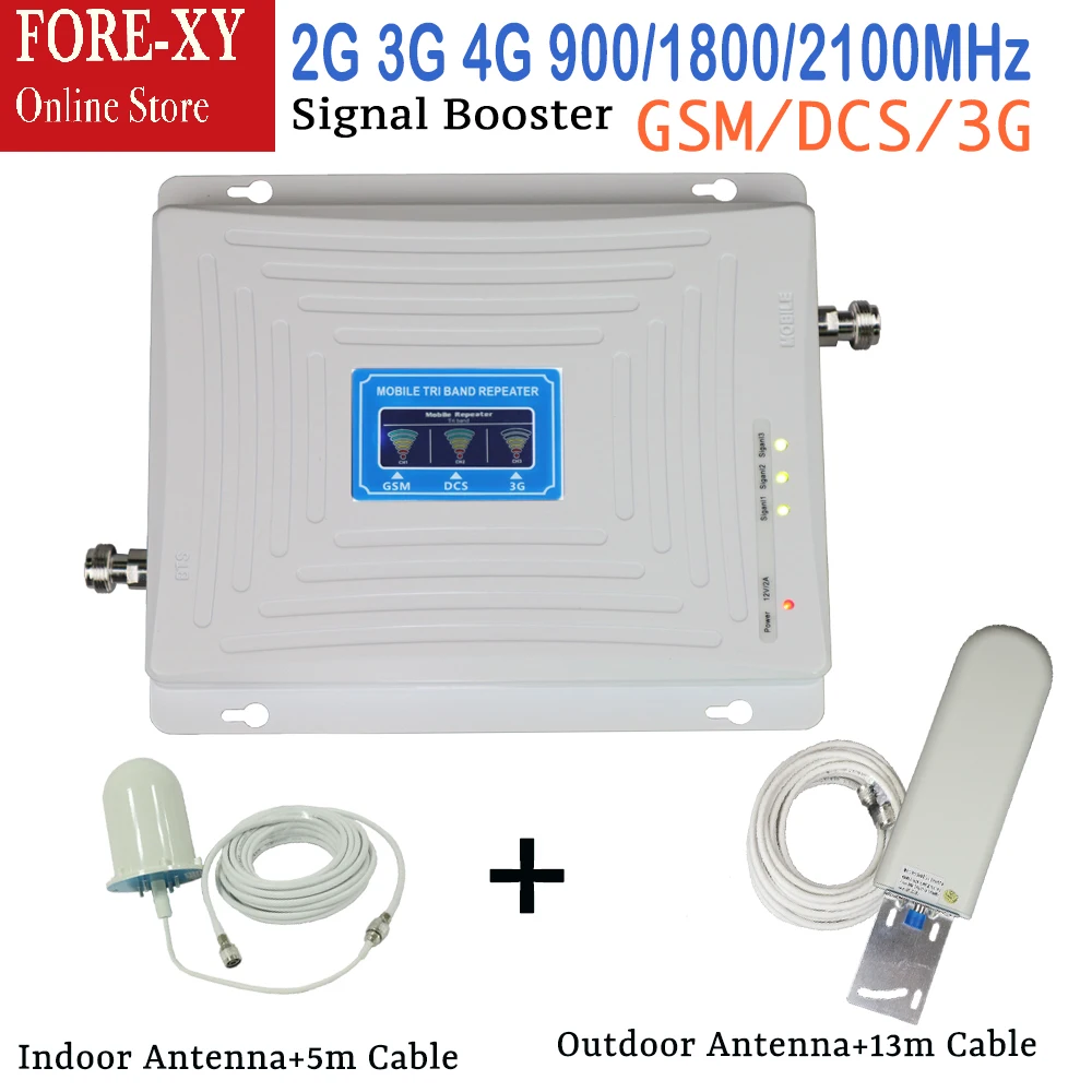 

2G GSM 900 3G 2100 LTE 1800 DCS Cellular Signal Booster Tri Band UMTS Repeater LCD Display Mobile Phone 4G Amplifier full sets
