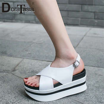 

DORATASIA 2019 New Concise Genuine Leather Shoes Sandals Woman Summer Platform Thick Heels Sandals Woman Wedges Shoes Woman