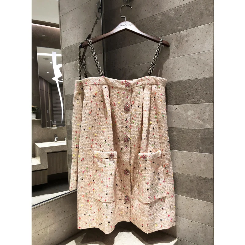 

2019 high-end women's orange pink tweed woven suspender dress Mini dress silk lining Complimentary pin buttons