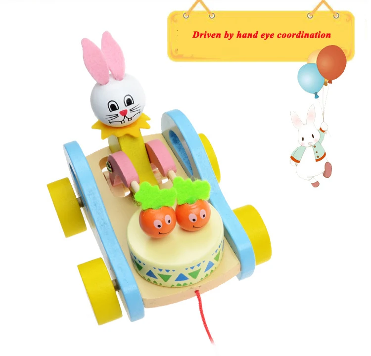 Creative Baby Toys Wooden Early Education Children White Rabbit Trailer Toy Baby Beat Drum Cart Trailer Round Gift Learn to Walk (8)