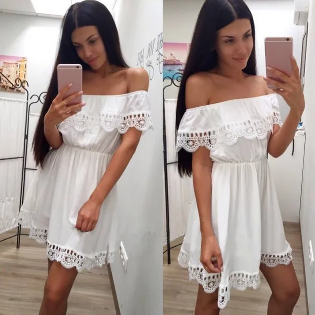 US $5.68 Fashion Women Elegant Vintage sweet lace white Dress Stylish Sexy Slash Neck Casual Slim Beach Summ