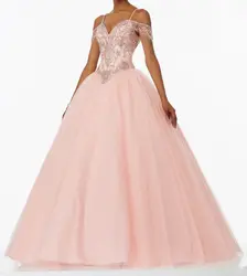 Персик Quinceanera платье 2019 спагетти бретели для нижнего белья Тюль с бисером Пышное Бальное платье дебютантка Маскарад платья