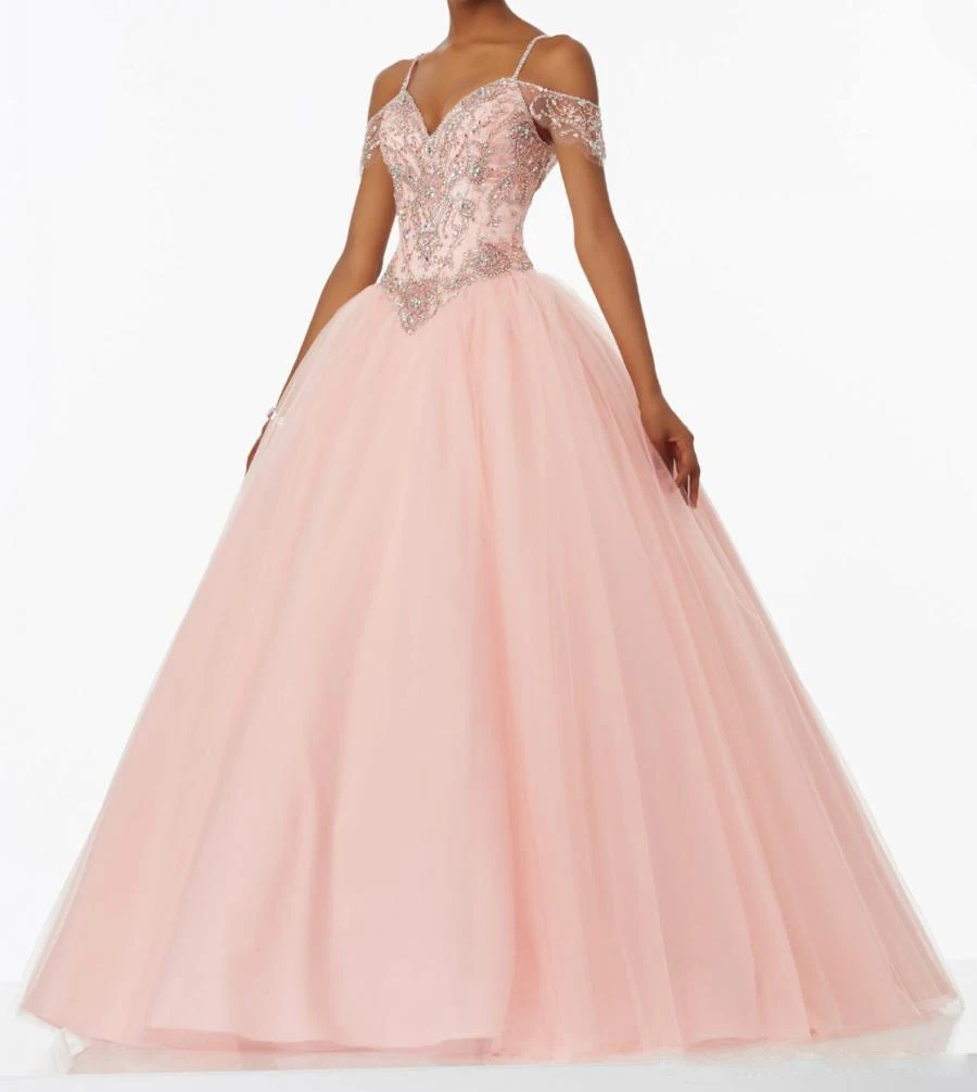 Peach Quinceanera Dress 2019 Spaghetti Straps Beaded Crystal Tulle Puffy Quinceanera Prom Dress