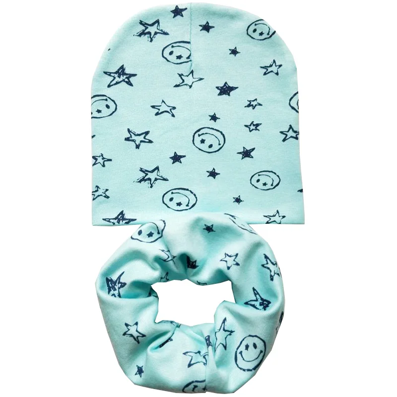 Green Smile Set Новая осенне-зимняя детская шапка, комплект для мальчиков и девочек, шарф на шею, весенний теплый шейный платок, детские вязаные шапки, комплекты, хлопковая детская шапка, шарф - Цвет: Green Smile Set