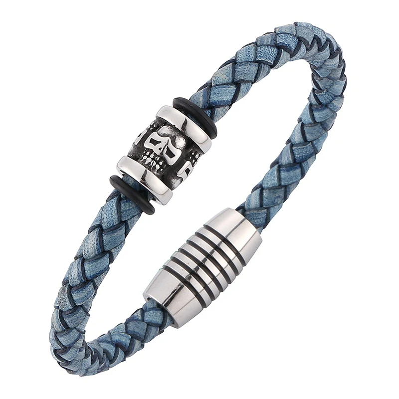 

Trendy Men Skull Genuine Leather Blue Braided Bracelets Fashion Stainless Steel Magnetic Clasp Bangles Man Wrist band Gift BB198