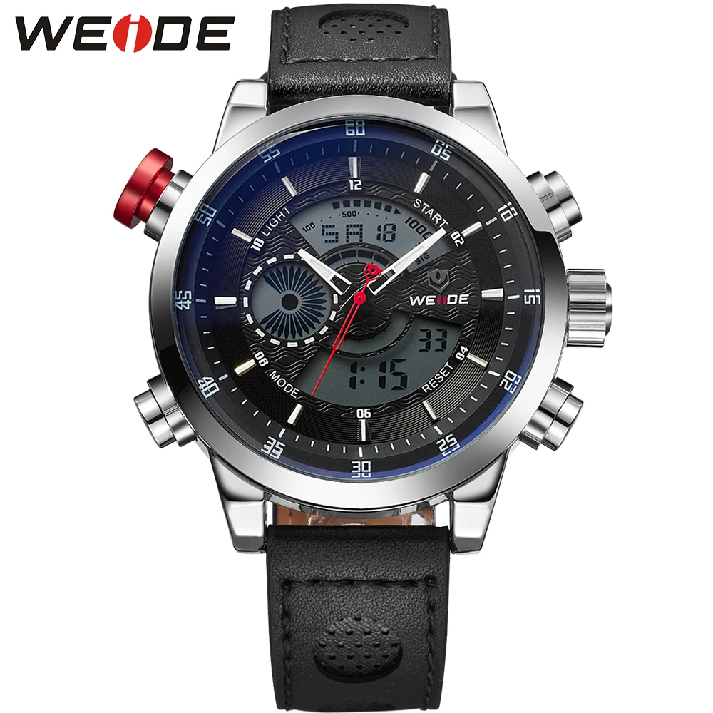 

WEIDE Luxury Brand Leather Strap Watches Men Quartz Analog Digital Date Alarm Stopwatch Male Clock Wristwatch Relogio Masculino