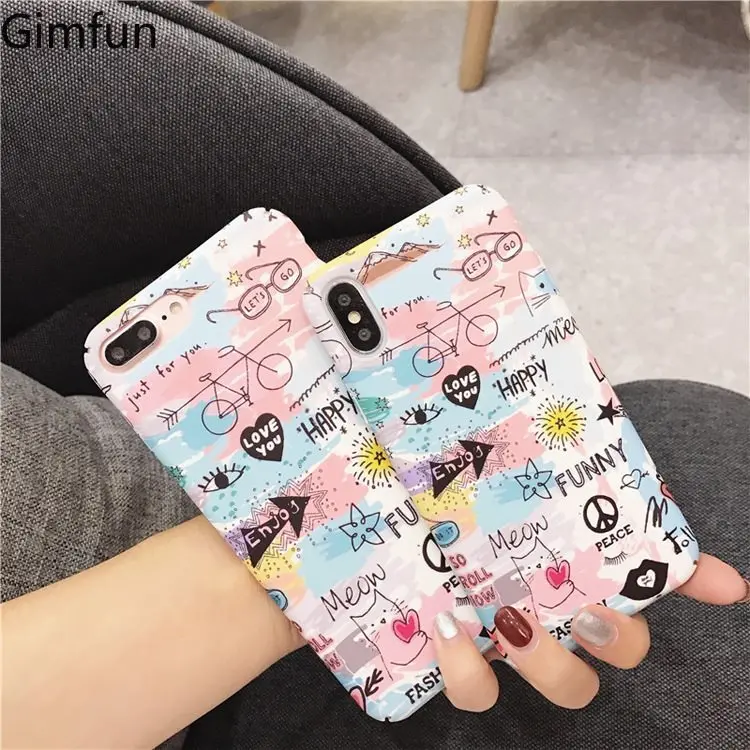 

Gimfun Korean Cartoon Graffiti Case for IPhone X Xs Max Xr 6s 7 8 Plus Ultra Thin Hard Plastic Matte Back Cover Fundas Capa