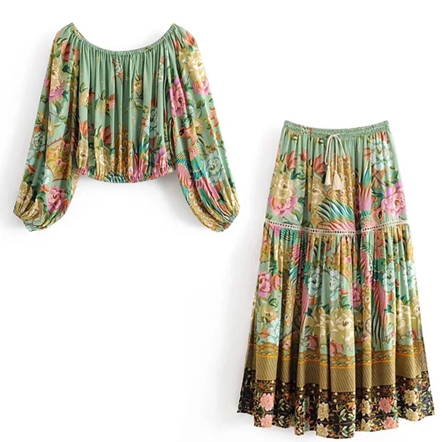 

One set short summer blouse 2018 floral print sexy off shoulder rayon Boho blouse long sleeve chic women blouses Hippie blusas