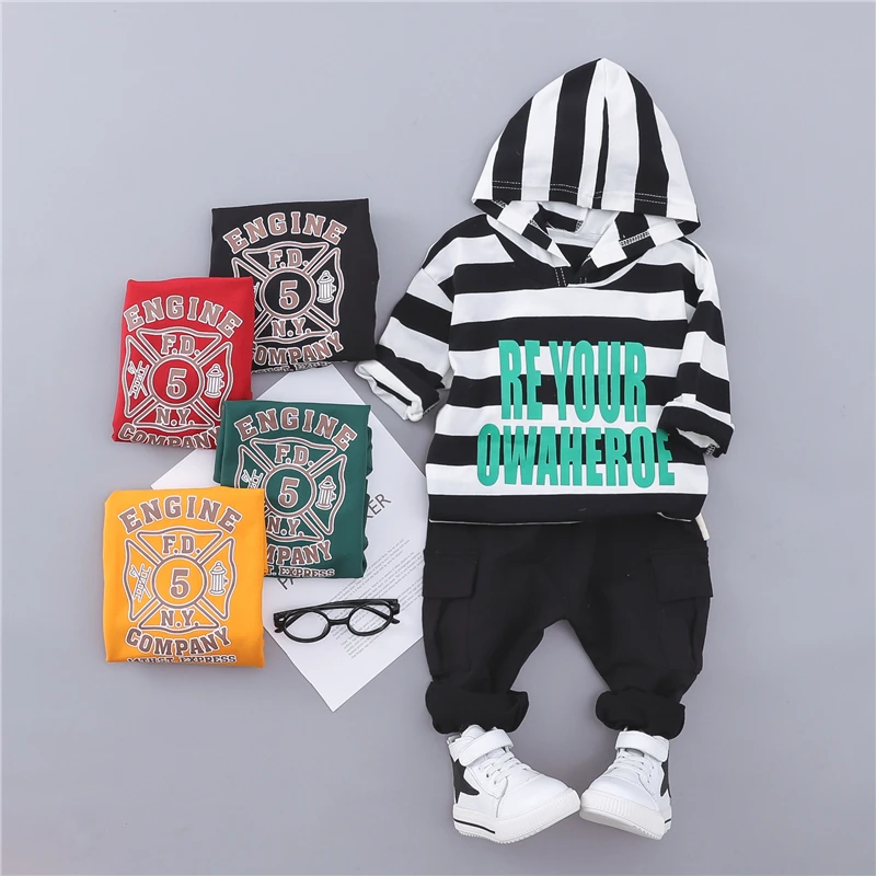 

Summer Autumn Striped Hooded Short Sleeve Jacket with Letter Vest + Solid Pants Fashion 3Pcs Set for Boys Baby Children