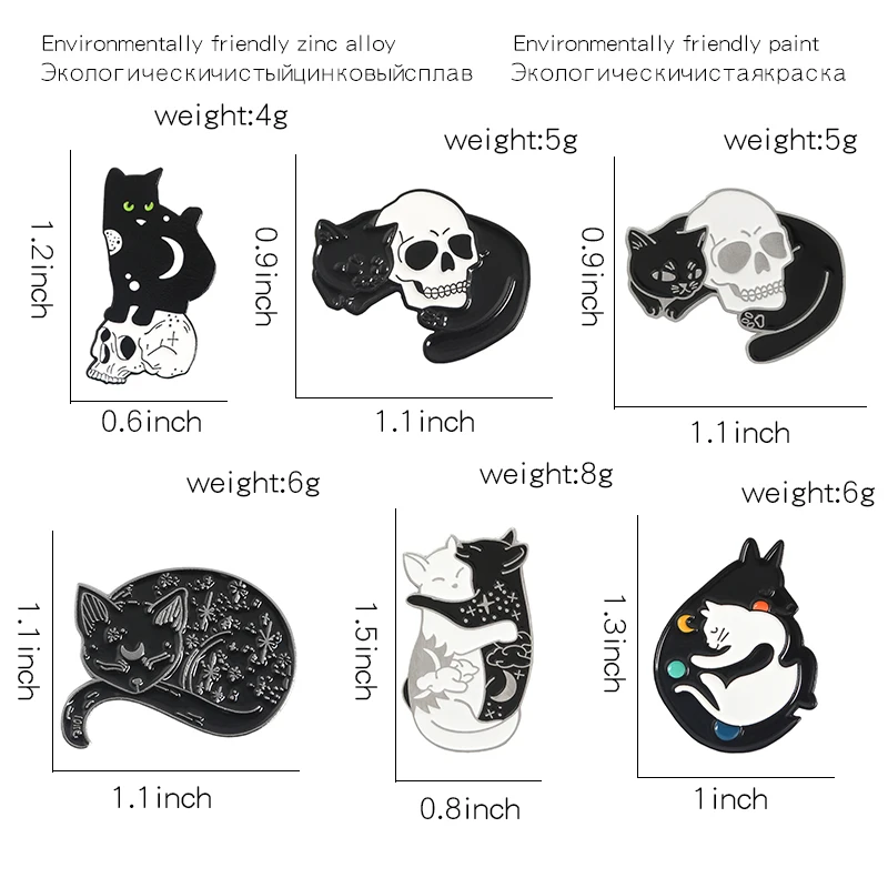 Готический кот ювелирные изделия черный и белый Инь Ян обнимающий Кот Сейлор Мун звезда скелет череп эмаль броши булавки на лацкан для рюкзаков