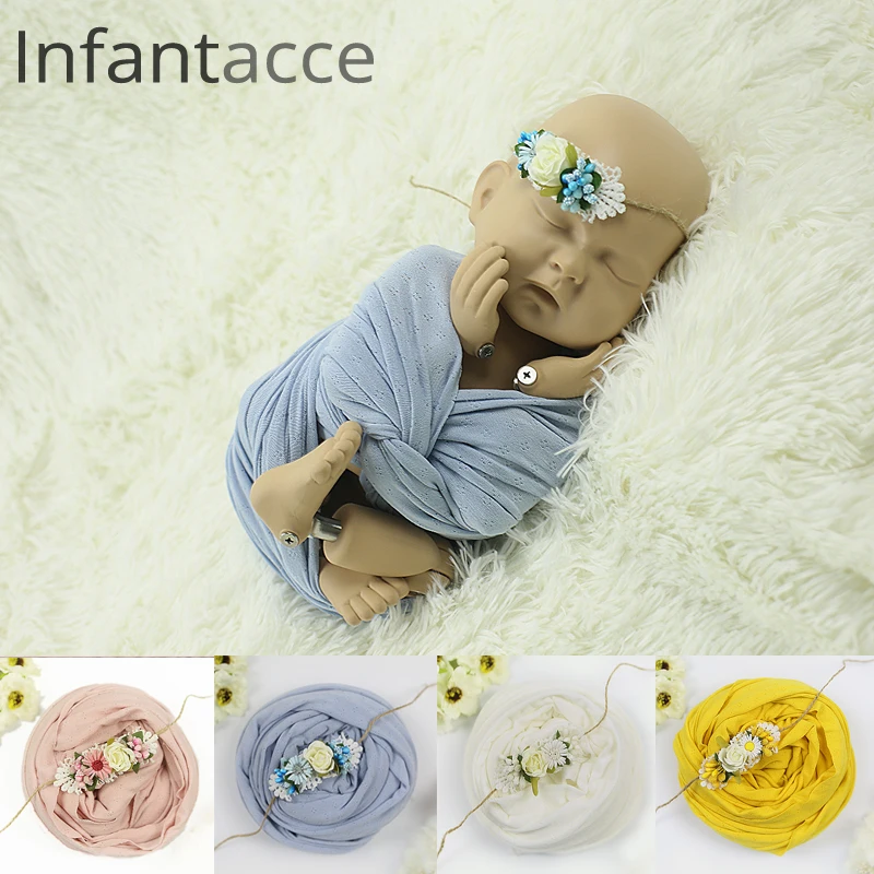 

cotton knitted stretch wrap+headband set,Wraps newborn-photography-props blanket hairband accessories baby girl headbands NWB036