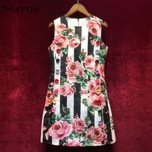 Svoryxiu 2018 Fashion Runway Summer Tank Dress Women’s Color Button Striped Rose Floral Print Vintage Party Short Dress