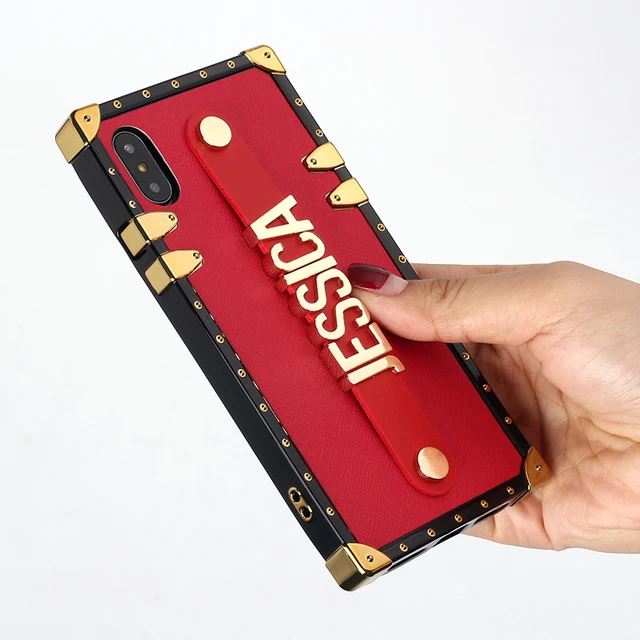 Leather Trunk Case Holding Strap Gold Metal Custom Name Phone Case