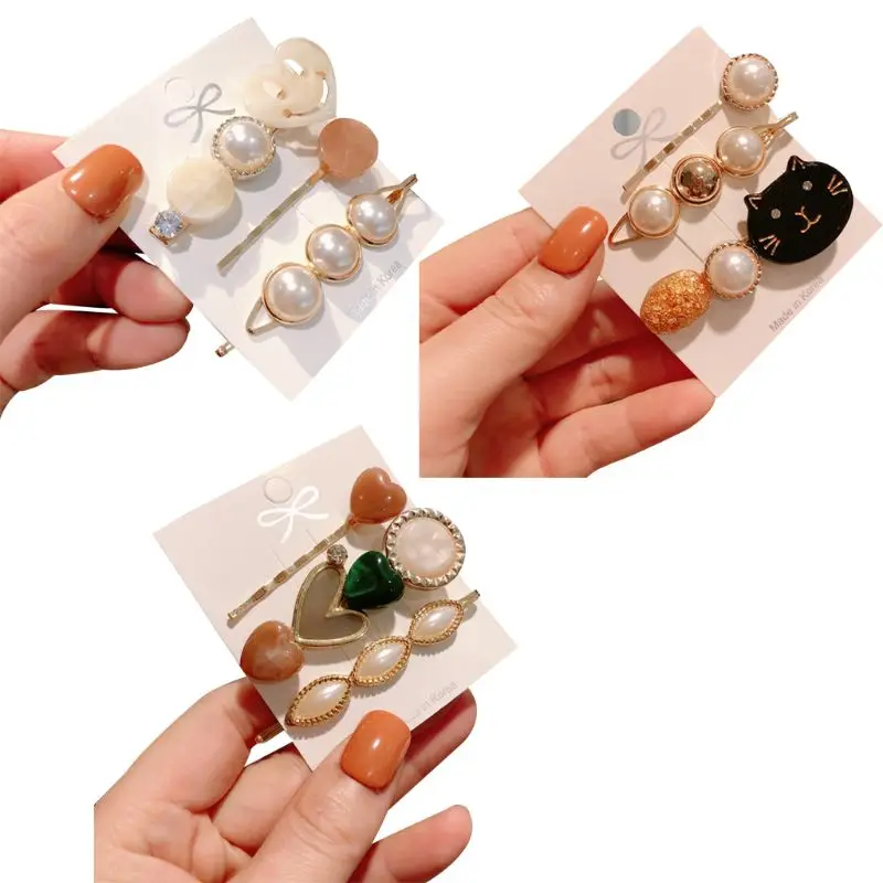 

3Pcs/Set Cute Colored Hollow Smile Face Cat Acetate Hair Clips Women Jewelry Faux Pearl Hairpins Love Heart Decorative Barrettes