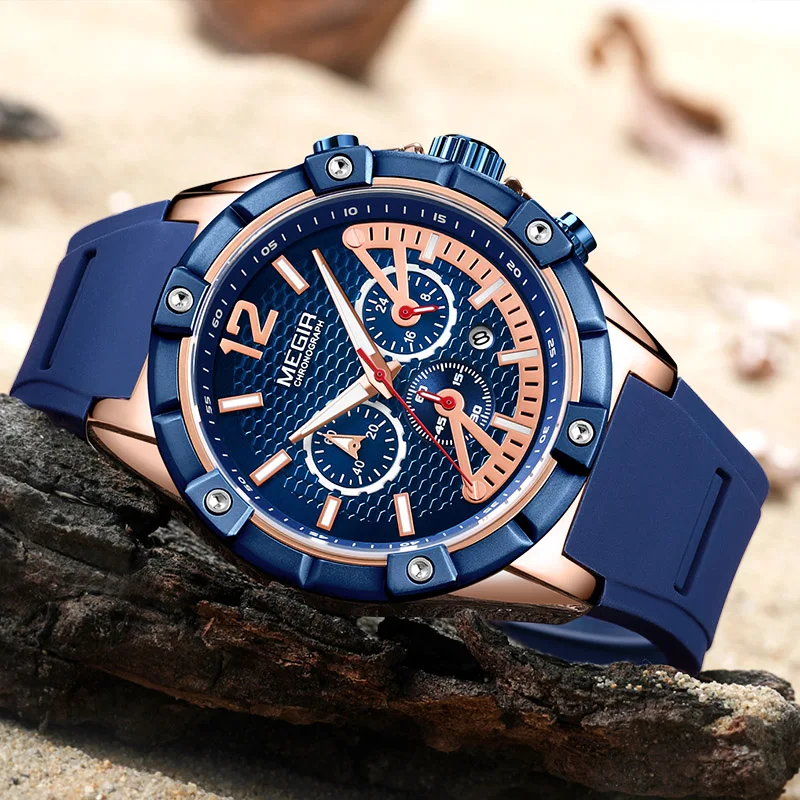 MEGIR Mens Watches Top Brand Luxury Silicone Band Gold Watch Men Quartz Waterproof Military Sport Wrist Watch reloj hombre 2018
