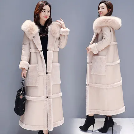 Осенне-зимнее пальто из овечьей шерсти для женщин, большие размеры, корейский большой меховой воротник, выше колена, искусственная кожа, толстое теплое длинное пальто, элегантное женское - Цвет: Abricot
