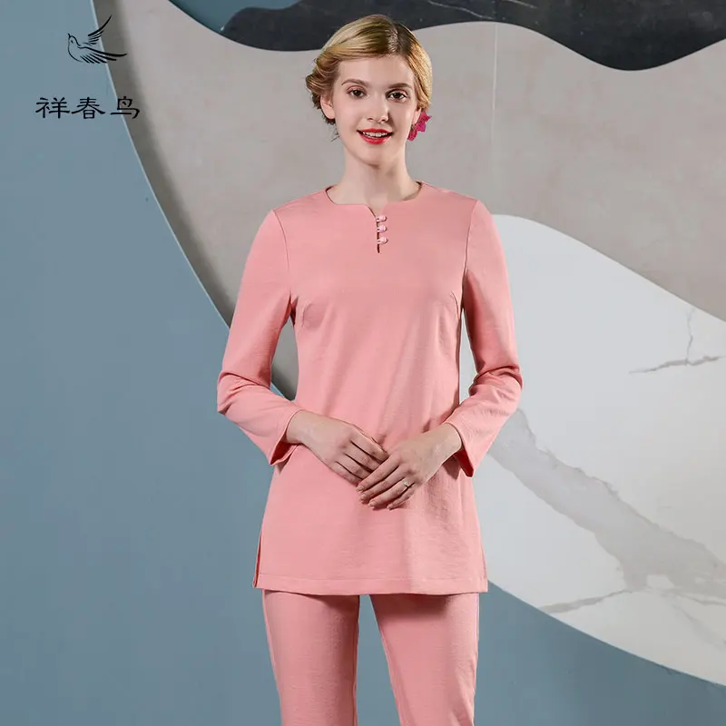 

Free Shipping Working Clothing 2018 Long Sleeve Peach Pink Top+Pants Hospital Nurse Uniform Beautician White SPA Overalls