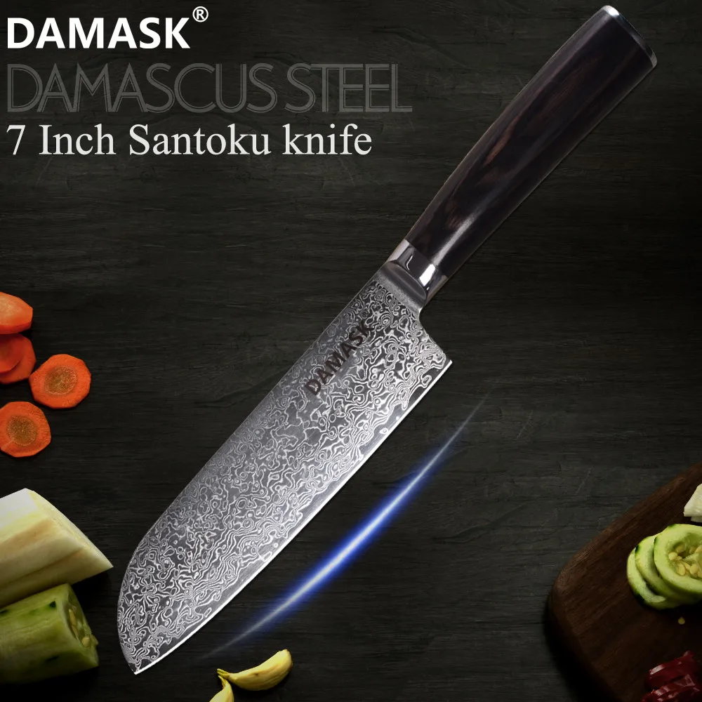 

DAMASK 67 Layer Damascus Kitchen Knife 7 inch Blade VG10 Damascus Core Santoku Knife Japan Santoku Knives Pakka Wood Handle