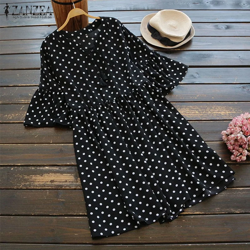 

ZANZEA 2019 Spring Women Vintage O Neck Short Sleeve Ruffles Polka Dot Dress Party Mini Vestido Casual Loose Sundress Plus Size