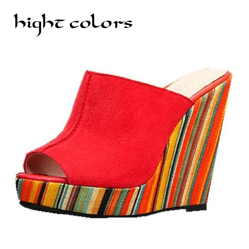 online Meninas Das Mulheres novas Do Arco Chinelos Plataforma Cunha Moda Preto Amarelo vermelho Grande Tamanho 43 Peep Toe Sapatinho De Salto Alto Para mulheres