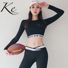 KE Письмо печати костюм для фитнеса женский черно-белый строчка фитнес Йога с длинным рукавом плотные, высокоэластичные спортивные