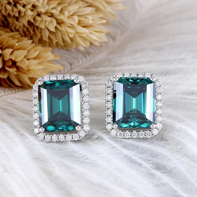 Transgems 14K White Gold Center 8X10mm Emerald Moissanite Stud Earrings with Accents Push Back for Women Transgems 14K White Gold Center 8X10mm Emerald Moissanite Stud Earrings with Accents Push Back for Women