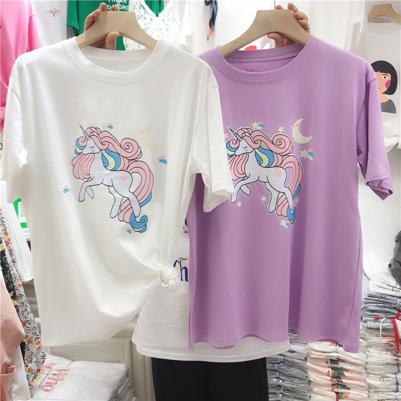 Dreamlikelin Harajuku Kawaii одежда летняя корейская модная весенняя футболка Милая футболка для девочек с рисунком единорога Луны звезд