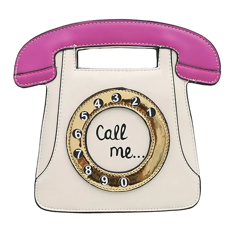 

Telephone Shaped Women Retro Cross Body Bag PU Leather Clutch Purse Chain Bag(white+Pink)