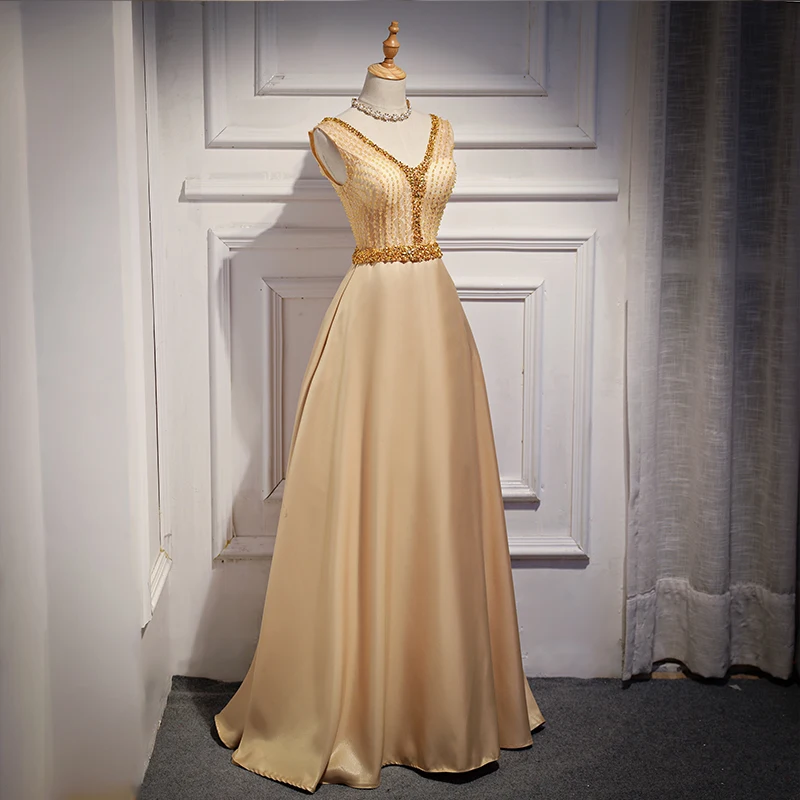 Walk Beside You Burgundy Evening Dresses Long 2019 Gold Satin Beaded Crystal V neck vestido de fiesta largos de noche elegante