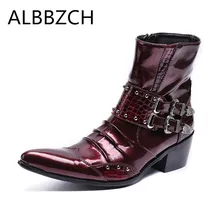 Новинка; модные мужские ботильоны из лакированной кожи с острым носком на молнии и пряжкой; мужские рабочие ботинки на высоком каблуке; свадебные модельные туфли