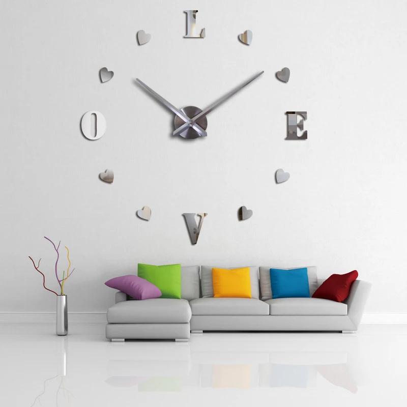 

LOVE mirror acrylic wall clock hot sale home decoration modern 3D big wall sticker still life quartz needle watches
