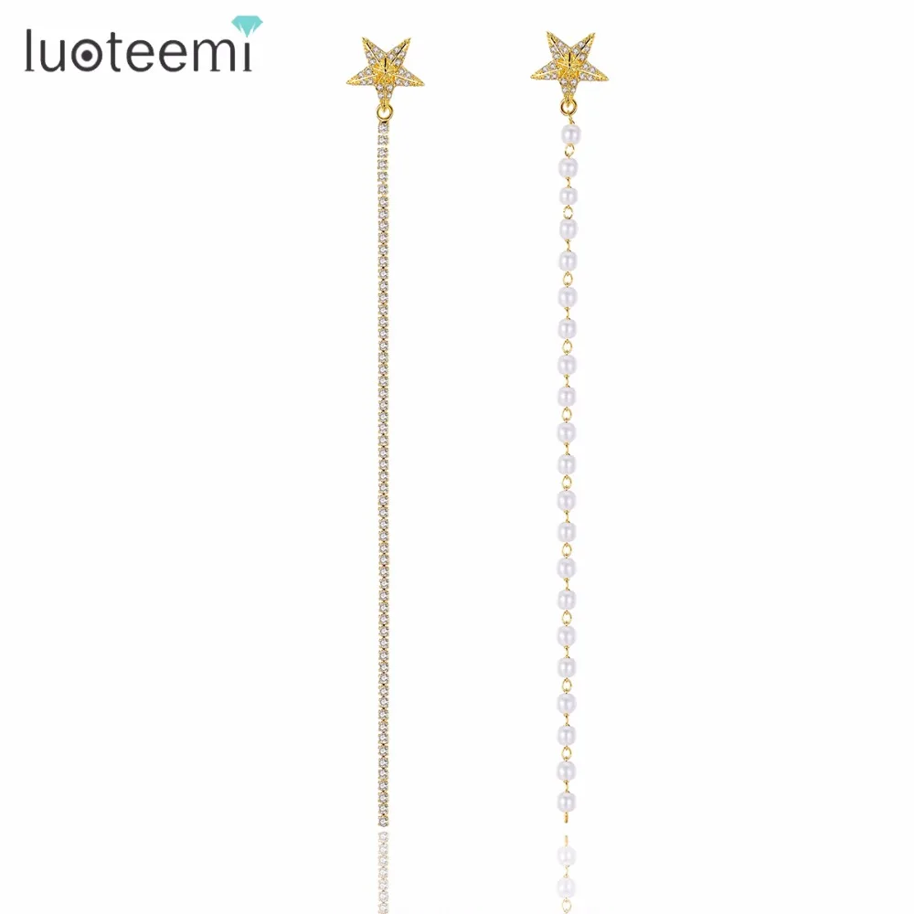 

LUOTEEMI Vintage Long Chain Dangle Earrings Micro Paved CZ with Imitation Pears Star Drop Brincos for Girl Gift Party Bijoux